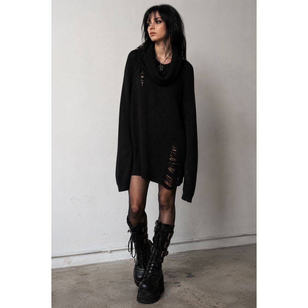 Killstar Oversized Distressed Cowl Neck Sweater | Black Goth Grunge Knit